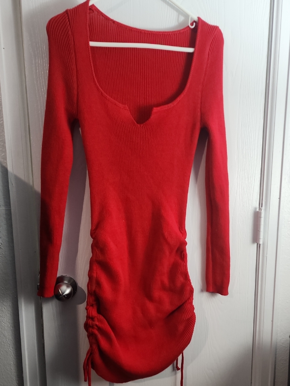 Red Ribbed Long Sleeve Drawstring Bodycon Dress - Picture 2 of 3
